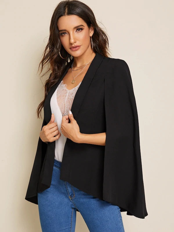 CM-CS716385 Women Elegant Seoul Style Long Sleeve Shawl Collar Cloak Sleeve Blazer - Black