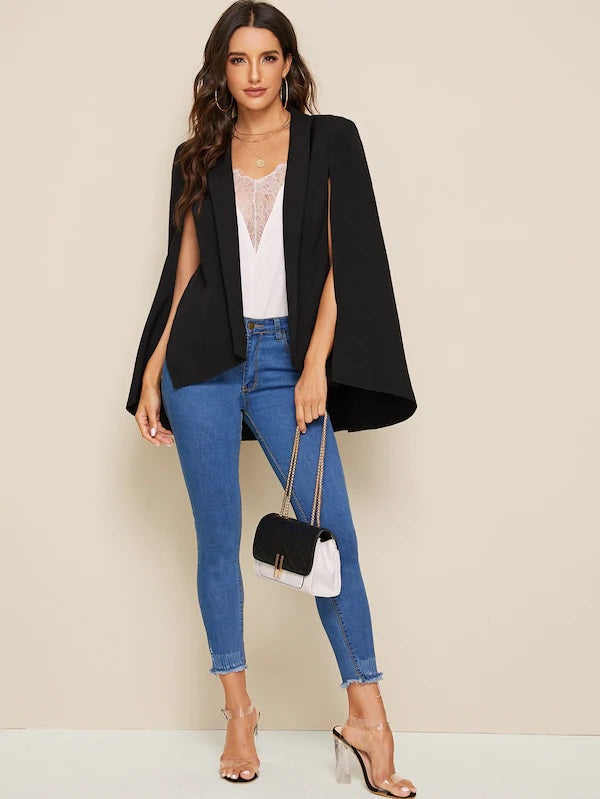 CM-CS716385 Women Elegant Seoul Style Long Sleeve Shawl Collar Cloak Sleeve Blazer - Black