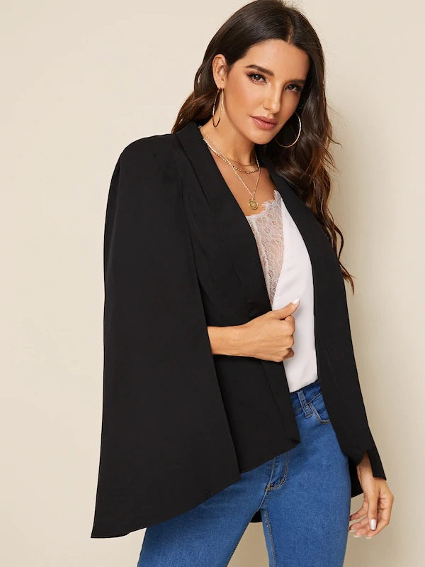 CM-CS716385 Women Elegant Seoul Style Long Sleeve Shawl Collar Cloak Sleeve Blazer - Black