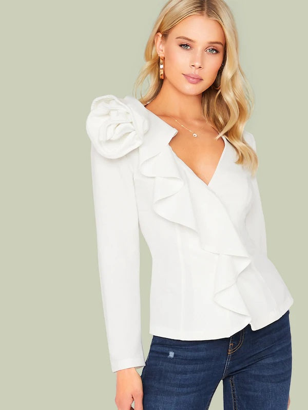 CM-CS717896 Women Elegant Seoul Style 3D Floral Deep V-Neck Ruffle Trim Solid Blazer - White