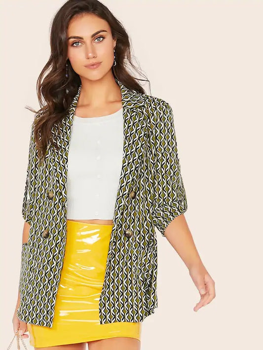 CM-CS725673 Women Casual Seoul Style Graphic Double Breasted Roll Up Sleeve Pocket Blazer - Green