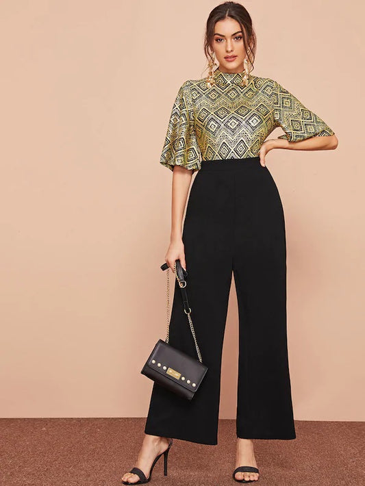 CM-JS807753 Women Elegant Seoul Style Mock-Neck Glitter Bodice Flutter Sleeve Wide Leg Jumpsuit