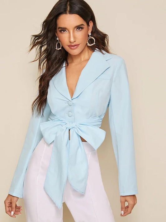 CM-CS808745 Women Trendy Seoul Style Long Sleeve Solid Notched Neck Tie Front Blazer - Blue