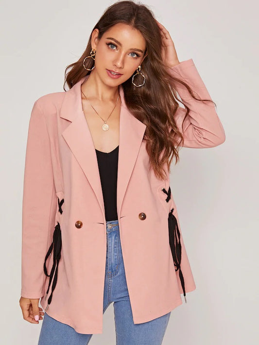 CM-CS712965 Women Elegant Seoul Style Long Sleeve Lace Up Double Buttoned Blazer - Pink