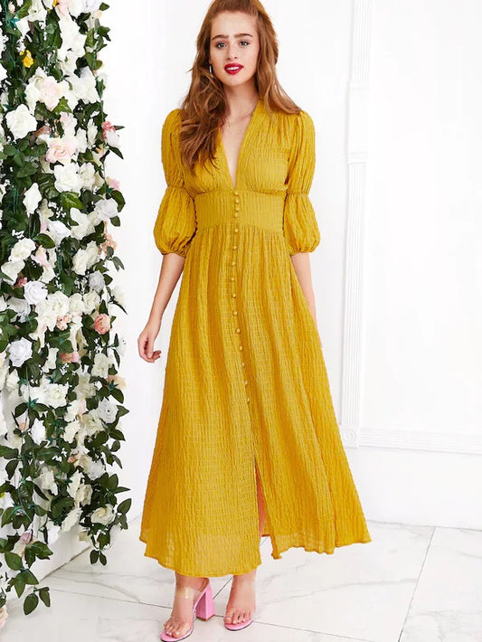 CM-DS603759 Women Bohemian Style Half Sleeve Button Front Plunge Neck Slit Hem Dress - Yellow