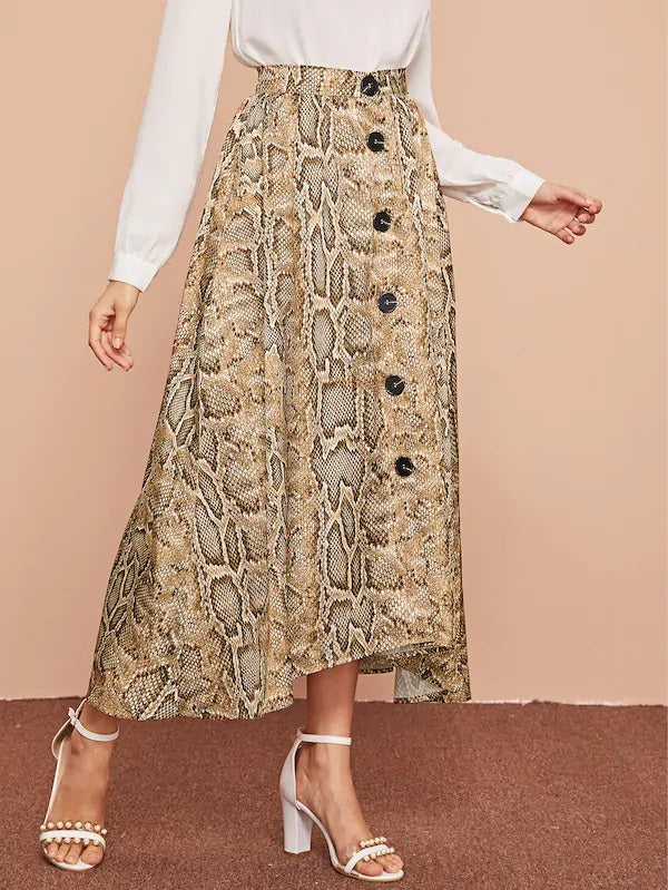 CM-BS808750 Women Casual Seoul Style Mid Waist Snakeskin Print Button Through Skirt