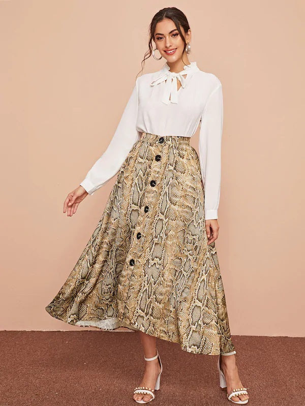 CM-BS808750 Women Casual Seoul Style Mid Waist Snakeskin Print Button Through Skirt