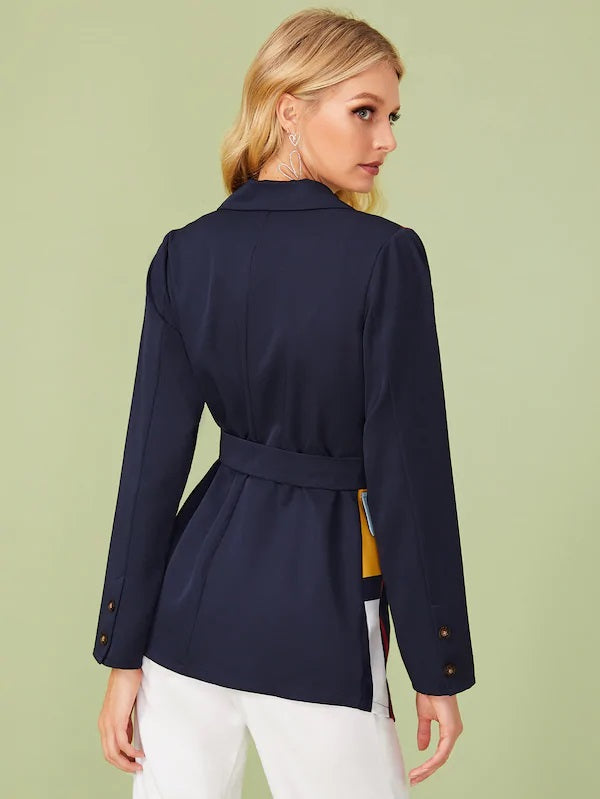 CM-CS809553 Women Elegant Seoul Style Long Sleeve Notched Neck Belted Blazer - Dark Blue