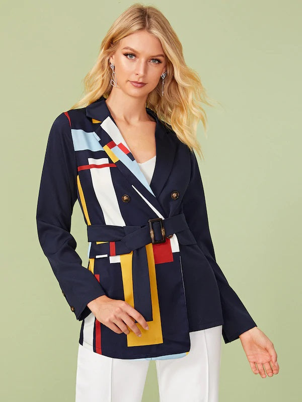 CM-CS809553 Women Elegant Seoul Style Long Sleeve Notched Neck Belted Blazer - Dark Blue