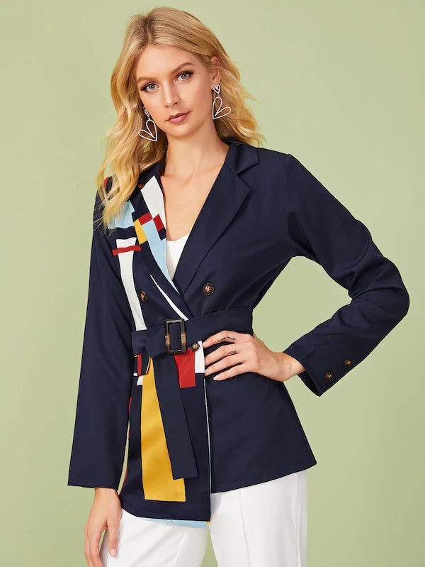 CM-CS809553 Women Elegant Seoul Style Long Sleeve Notched Neck Belted Blazer - Dark Blue