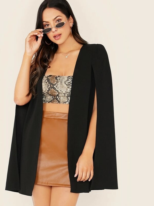 CM-CS717989 Women Elegant Seoul Style Cloak Sleeve Open Front Cape Blazer - Black