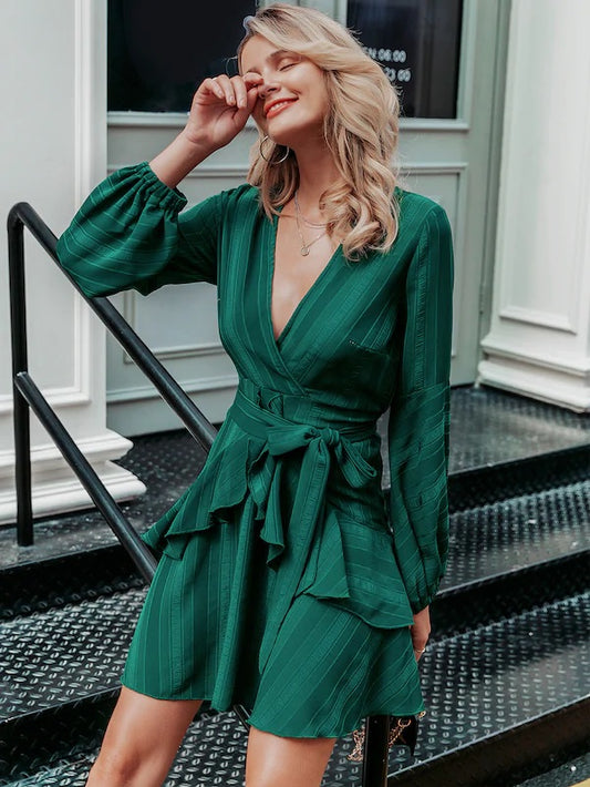 CM-DS809360 Women Elegant Seoul Style Striped Ruffle Trim Wrap Belted Dress - Green