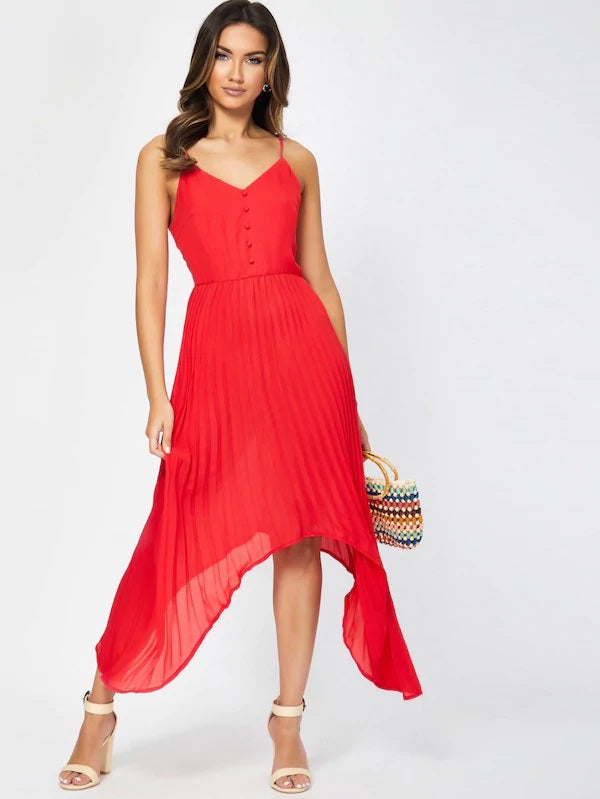 CM-DS718540 Women Casual Seoul Style Sleeveless Asymmetrical Pleated Dip Hem Dress - Red