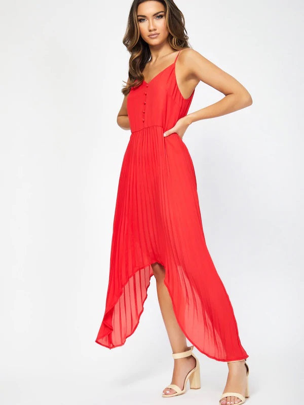 CM-DS718540 Women Casual Seoul Style Sleeveless Asymmetrical Pleated Dip Hem Dress - Red