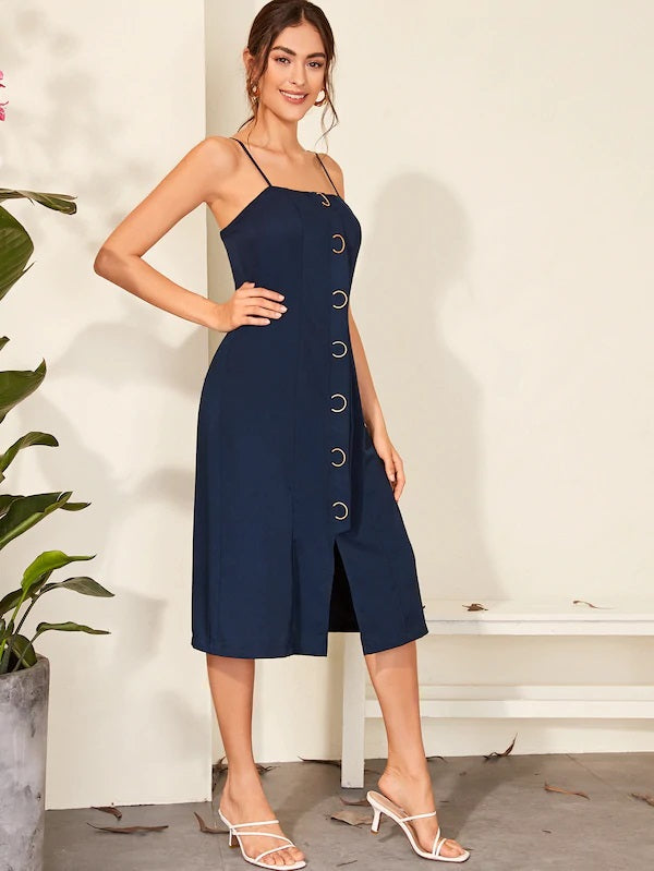 CM-DS726230 Women Casual Seoul Style Sleeveless Split Hem Ring Detail Slip Dress - Navy Blue