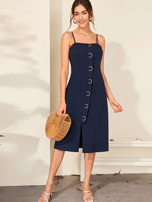 CM-DS726230 Women Casual Seoul Style Sleeveless Split Hem Ring Detail Slip Dress - Navy Blue