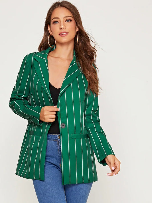 CM-CS813863 Women Elegant Seoul Style Long Sleeve Dual Pocket Single Button Striped Blazer - Green