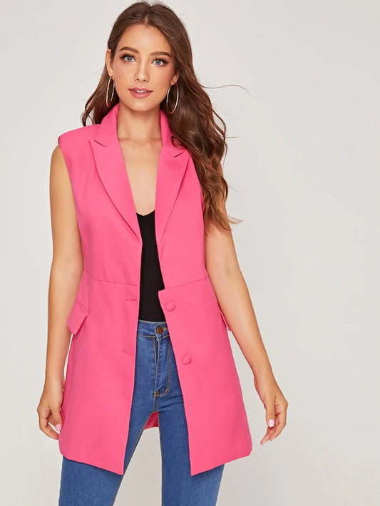 CM-CS813915 Women Casual Seoul Style Solid Button Front Flap Pocket Vest Blazer - Pink