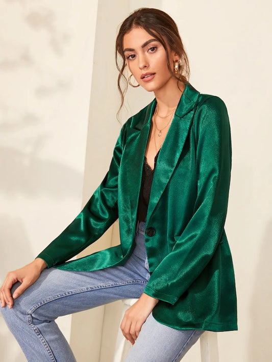 CM-CS813542 Women Elegant Seoul Style Long Sleeve Solid Notched Collar Satin Blazer - Green