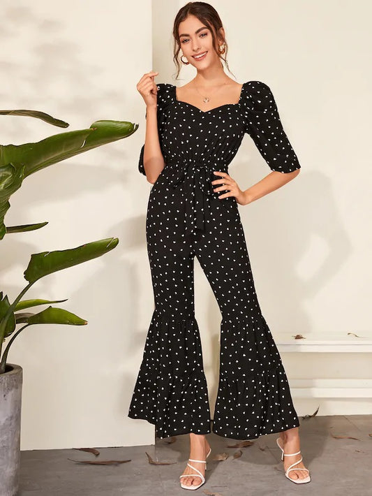 CM-JS813382 Women Elegant Seoul Style Heart Print Sweetheart Neck Belted Jumpsuit - Black