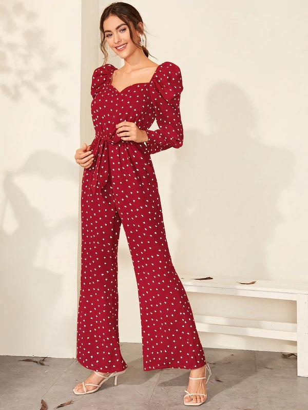 CM-JS813417 Women Elegant Seoul Style Heart Print Sweetheart Neck Belted Jumpsuit - Wine Red