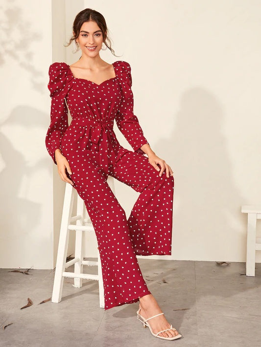 CM-JS813417 Women Elegant Seoul Style Heart Print Sweetheart Neck Belted Jumpsuit - Wine Red