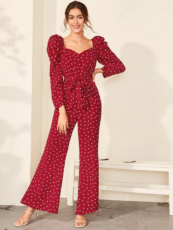 CM-JS813417 Women Elegant Seoul Style Heart Print Sweetheart Neck Belted Jumpsuit - Wine Red