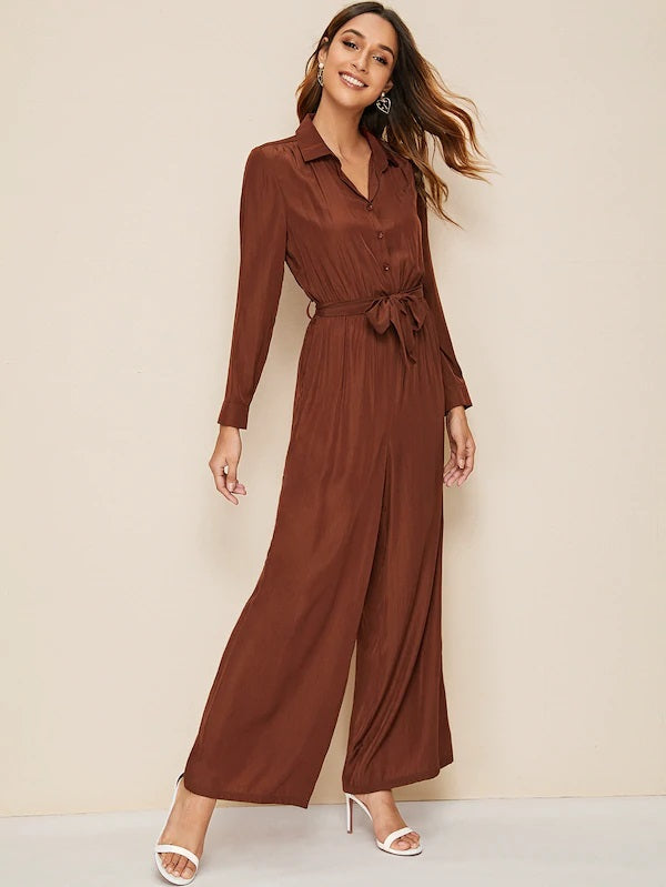 CM-JS802884 Women Casual Seoul Style Long Sleeve Button Front Belted Wide Leg Shirt Jumpsuit - Brown