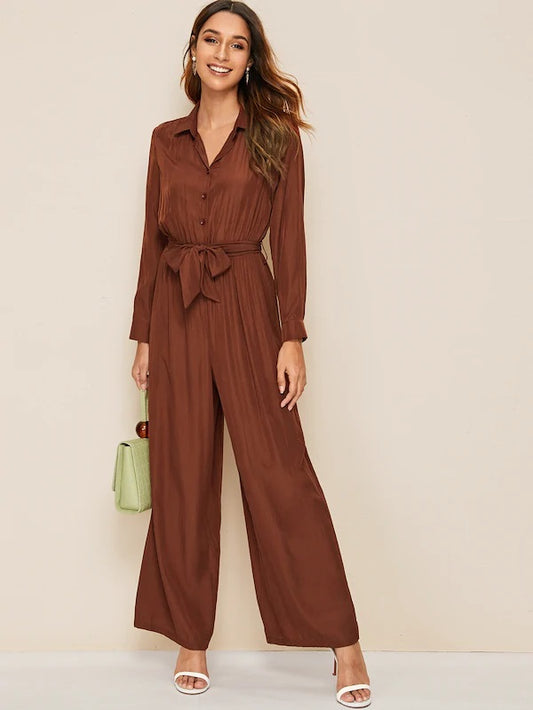 CM-JS802884 Women Casual Seoul Style Long Sleeve Button Front Belted Wide Leg Shirt Jumpsuit - Brown