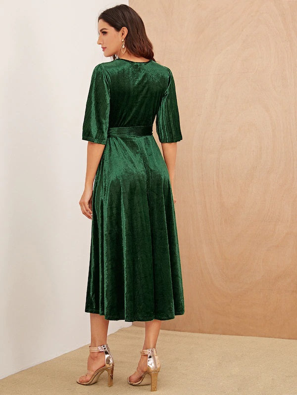 CM-DS712277 Women Elegant Seoul Style Pleated Half Sleeve Wrap Belted Velvet Dress - Green