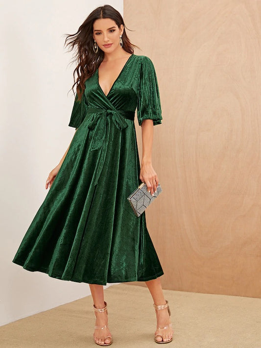 CM-DS712277 Women Elegant Seoul Style Pleated Half Sleeve Wrap Belted Velvet Dress - Green