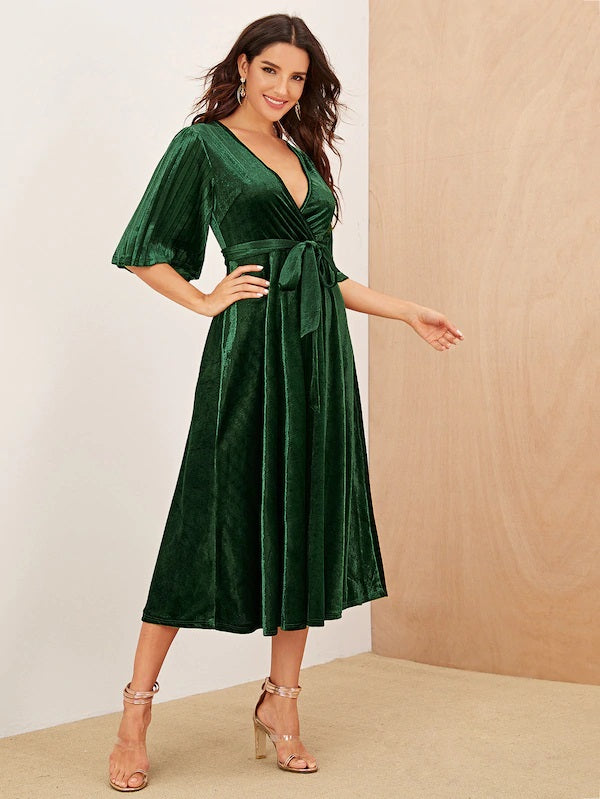 CM-DS712277 Women Elegant Seoul Style Pleated Half Sleeve Wrap Belted Velvet Dress - Green