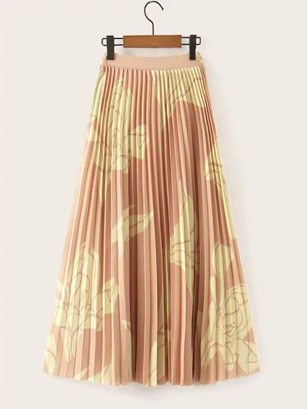 CM-BS814335 Women Trendy Seoul Style High Waist Tropical Print Pleated Long Skirt