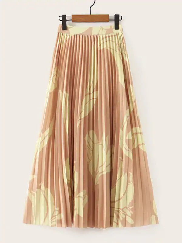 CM-BS814335 Women Trendy Seoul Style High Waist Tropical Print Pleated Long Skirt