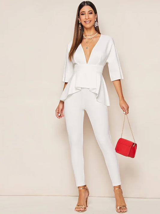 CM-JS814087 Women Elegant Seoul Style Plunging Neck Batwing Sleeve Peplum Jumpsuit - White