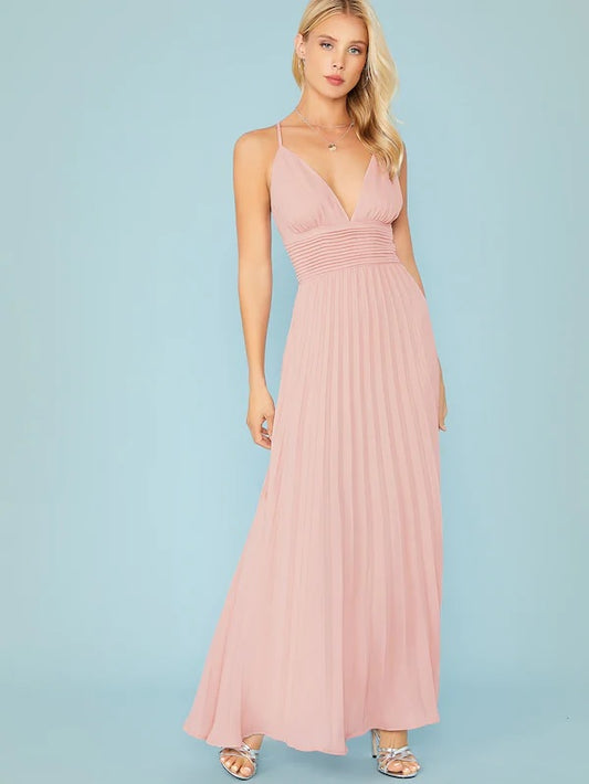 CM-DS730016 Women Elegant Seoul Style Plunging Crisscross Back Pleated Dress - Pink