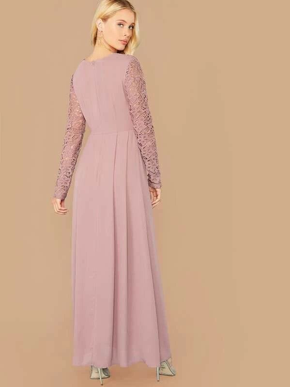CM-DS730474 Women Elegant Seoul Style Long Sleeve Guipure Lace Bodice Boxy Pleated Dress - Purple