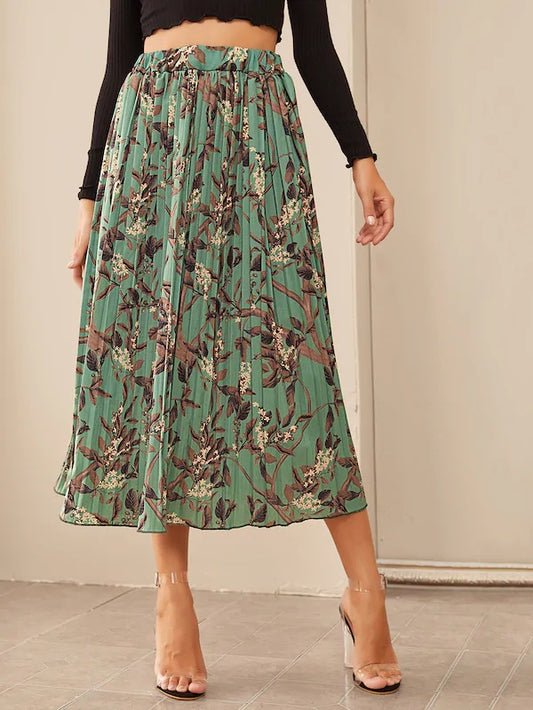 CM-BS815830 Women Casual Seoul Style Mid Waist Ditsy Floral Print Pleated Long Skirt - Green