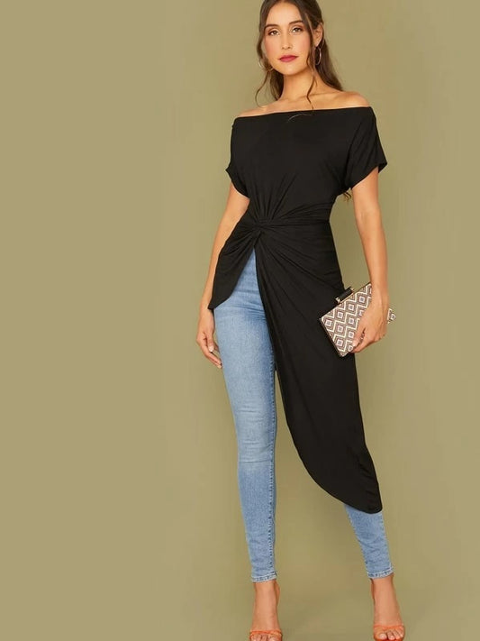 CM-TS722491 Women Casual Seoul Style Off Shoulder Twist Front Asymmetrical Hem Top - Black