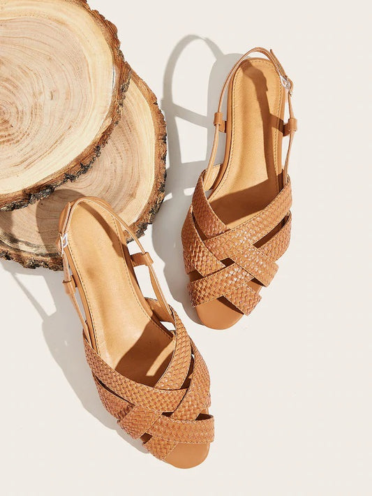 CM-SHS816116 Women Casual Seoul Style Peep Toe Braided Slingback Sandals - Khaki