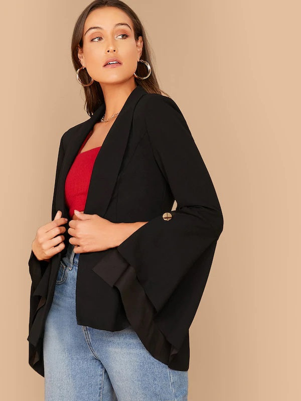 CM-CS801287 Women Elegant Seoul Style Shawl Collar Flounce Sleeve Button Blazer - Black