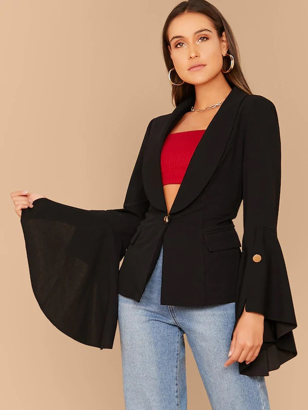 CM-CS801287 Women Elegant Seoul Style Shawl Collar Flounce Sleeve Button Blazer - Black