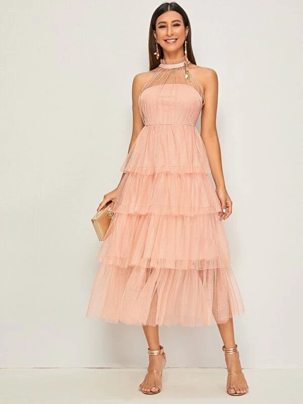 CM-DS723708  Women Elegant Seoul Style Frill Neck Tiered Layered Mesh Overlay Dress - Pink