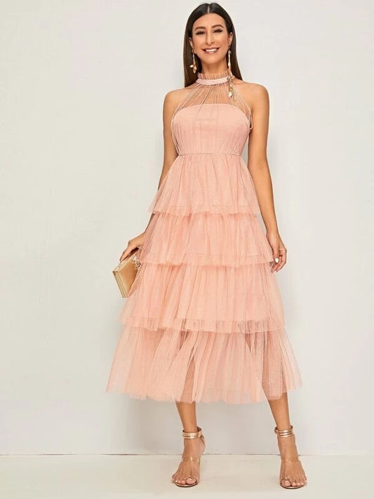 CM-DS723708 Women Elegant Seoul Style Frill Neck Tiered Layered Mesh Overlay Dress - Pink