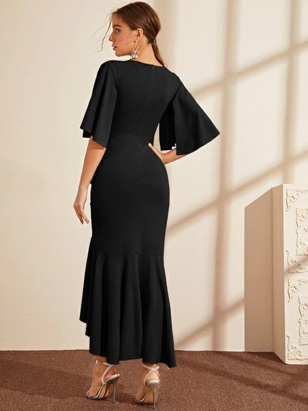 CM-DS819709 Women Elegant Seoul Style Half Split Sleeve Ruffle Hem Wrap Dress - Black