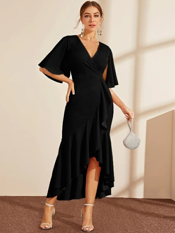 CM-DS819709 Women Elegant Seoul Style Half Split Sleeve Ruffle Hem Wrap Dress - Black