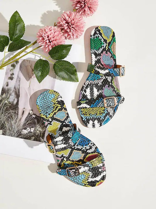 CM-SHS819547 Women Trendy Seoul Style Double Buckle Strap Snakeskin Sliders