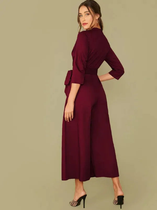 CM-JS725300 Women Elegant Seoul Style Surplice Neck Self Belted Wide Leg Jumpsuit - Wine Red
