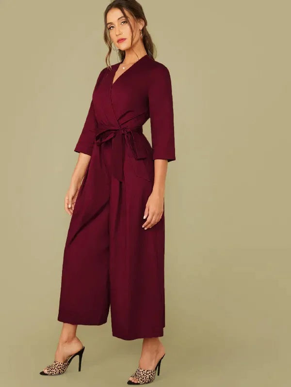 CM-JS725300 Women Elegant Seoul Style Surplice Neck Self Belted Wide Leg Jumpsuit - Wine Red