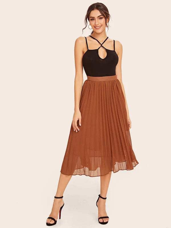 CM-BS718145 Women Casual Seoul Style High Waist Pleated Midi Skirt - Brown